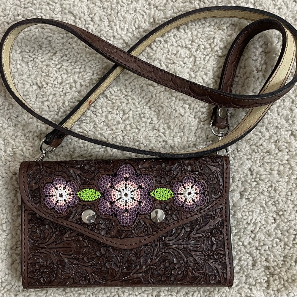 HANDMADE Brown TOOLED Leather BEADED Flowers MINI Crossbody FESTIVAL Purse BAG